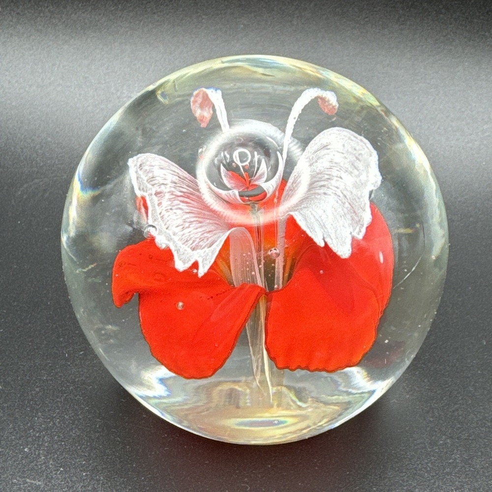 Vintage Art Glass Paperweight Tropical Orange White Flower Controlled Bubble - Picture 3 of 9